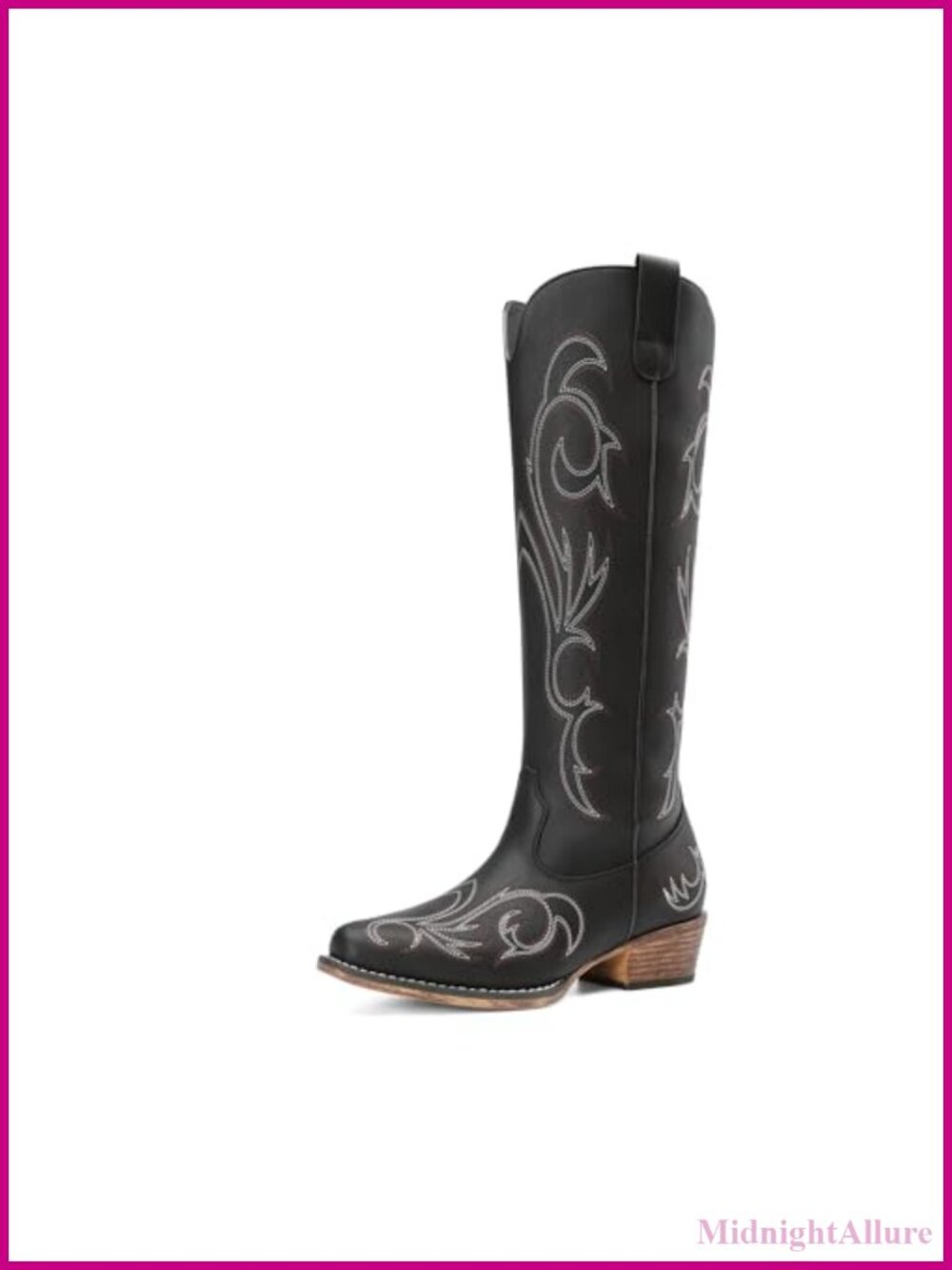 Knee High Western Cowboy Boots Faux Leather Embroidered Block Heel